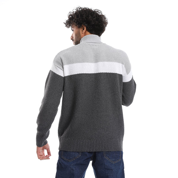 High Collar Long Sleeves Wool Pullover - White & Grey
