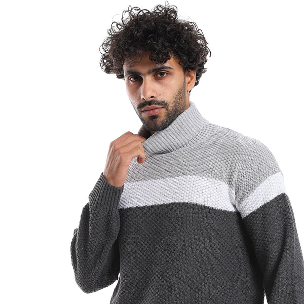 High Collar Long Sleeves Wool Pullover - White & Grey