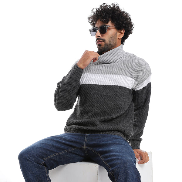 High Collar Long Sleeves Wool Pullover - White & Grey
