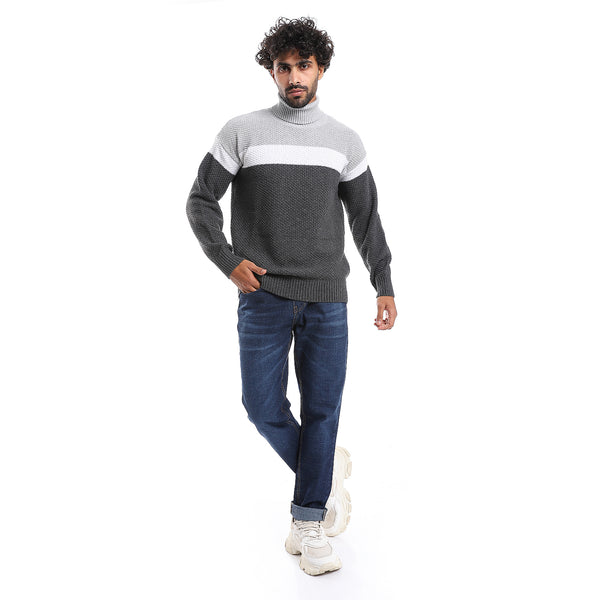 High Collar Long Sleeves Wool Pullover - White & Grey