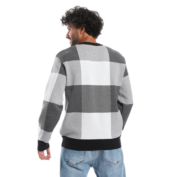 Windowpane Pattern Round Collar Knit Pullover - Black & OffWhite