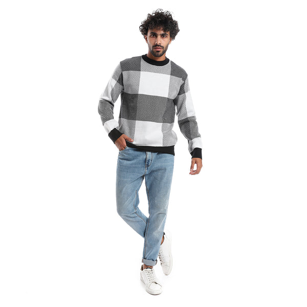 Windowpane Pattern Round Collar Knit Pullover - Black & OffWhite