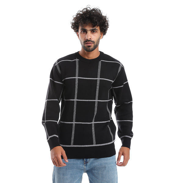 Windowpane Pattern Round Collar Knit Pullover - Black & Grey