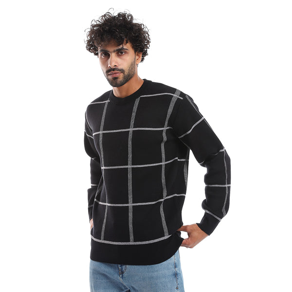 Windowpane Pattern Round Collar Knit Pullover - Black & Grey