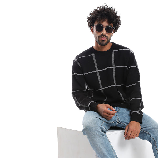 Windowpane Pattern Round Collar Knit Pullover - Black & Grey