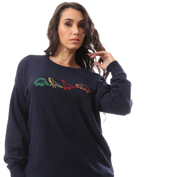 Animals Printed Slip On Navy Blue Polyester Hoodie