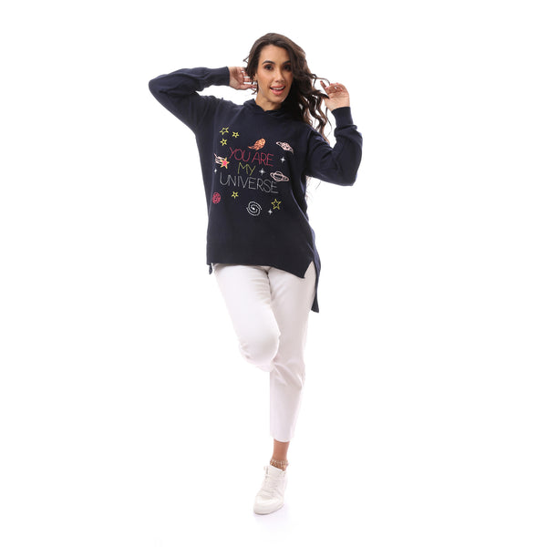 You Are My Universe' Printed Navy Blue Hoodie