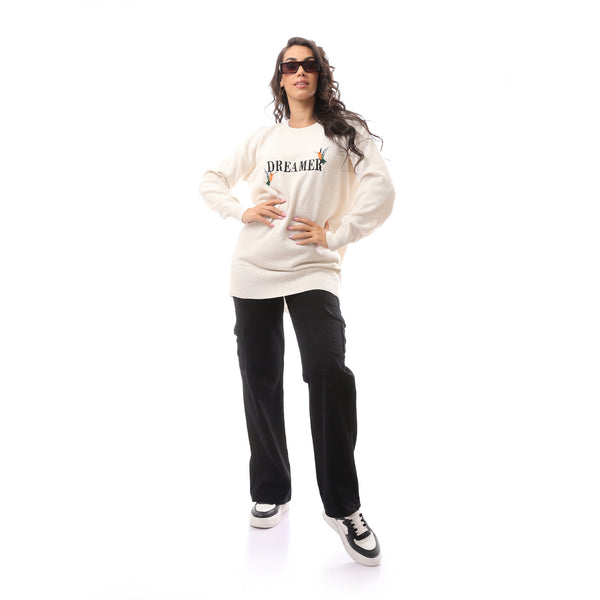 Loose Fit Slip On Off White Printed Pullover