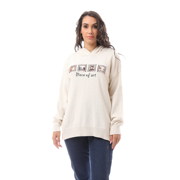 Off white 'Piece Of Art' Printed Slip On Hoodie