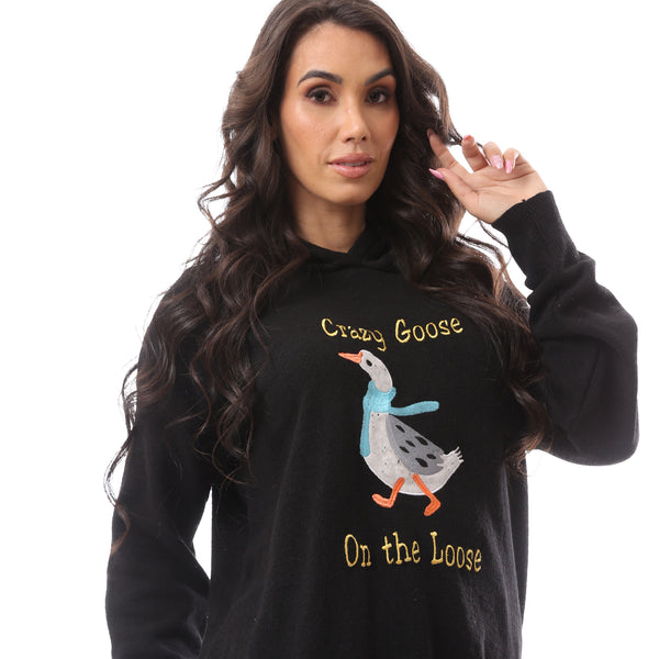 Crazy Goose' Printed Hooded Neck Black Pullover