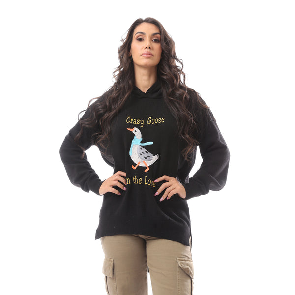 Crazy Goose' Printed Hooded Neck Black Pullover