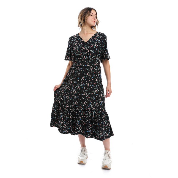 Floral Pattern Elastic Waist Dress - Black, Green & Pink