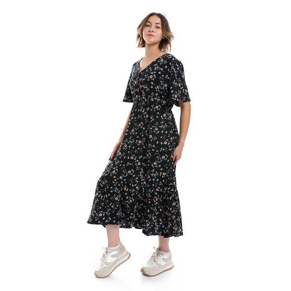 Floral Pattern Elastic Waist Dress - Black, Green & Pink