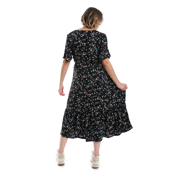 Floral Pattern Elastic Waist Dress - Black, Green & Pink
