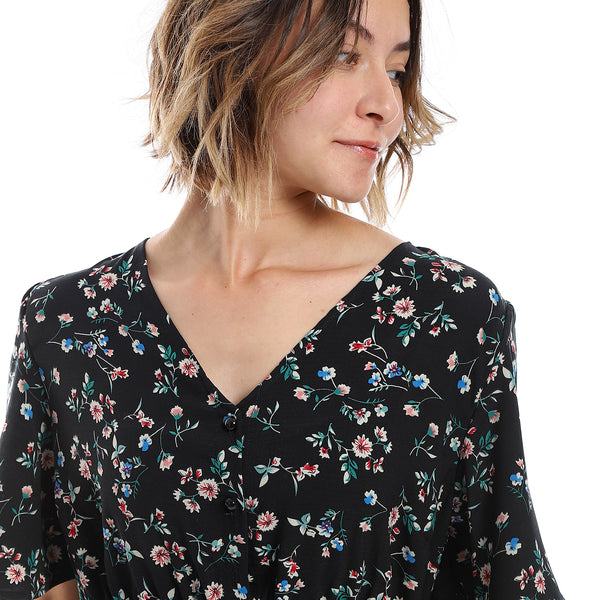 Floral Pattern Elastic Waist Dress - Black, Green & Pink