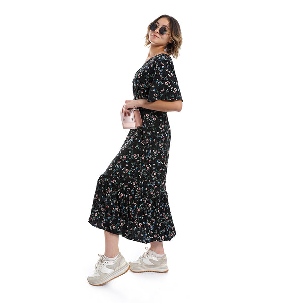 Floral Pattern Elastic Waist Dress - Black, Green & Pink