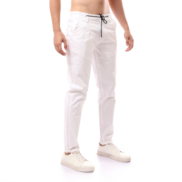 White Fly Zipper Buttoned Trousers With Drawstrings