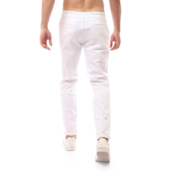 White Fly Zipper Buttoned Trousers With Drawstrings