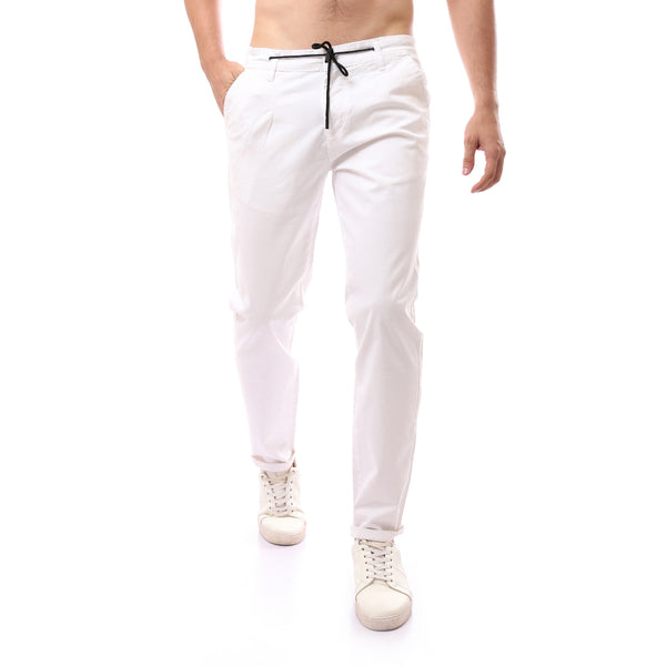 White Fly Zipper Buttoned Trousers With Drawstrings