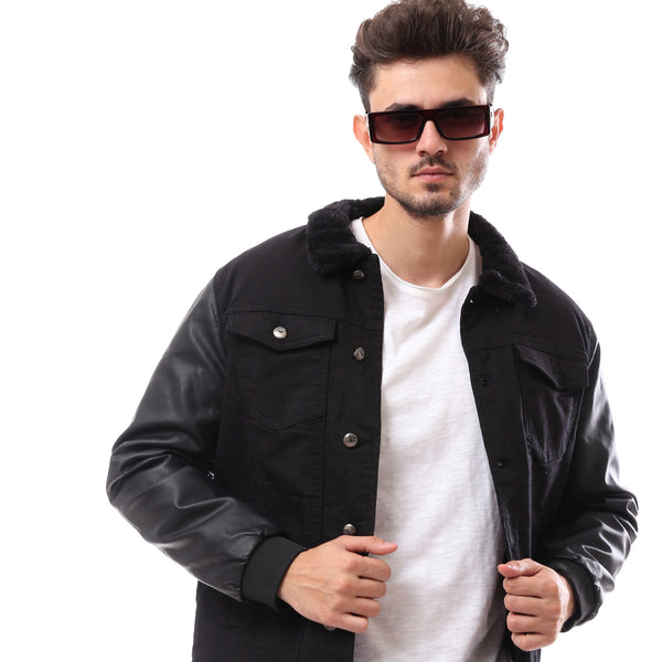 Black Buttoned Casual Winter Jacket With Leather Sleeves