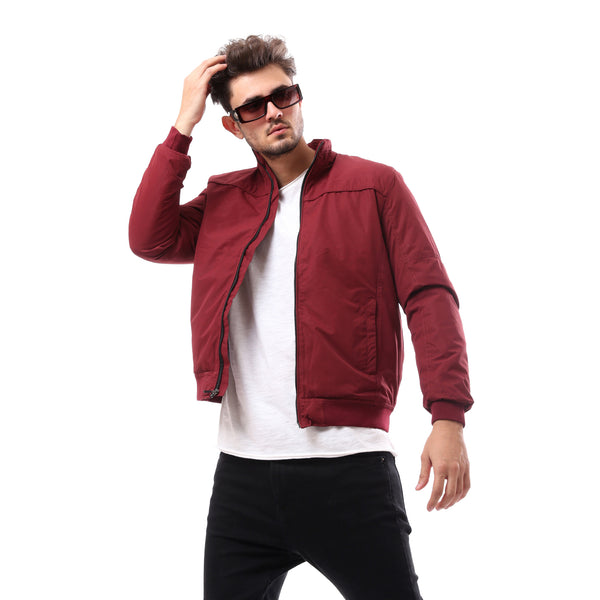 Dark Red Fly Zipper Patterned Jacket