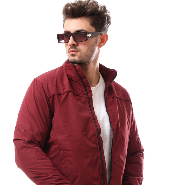 Dark Red Fly Zipper Patterned Jacket