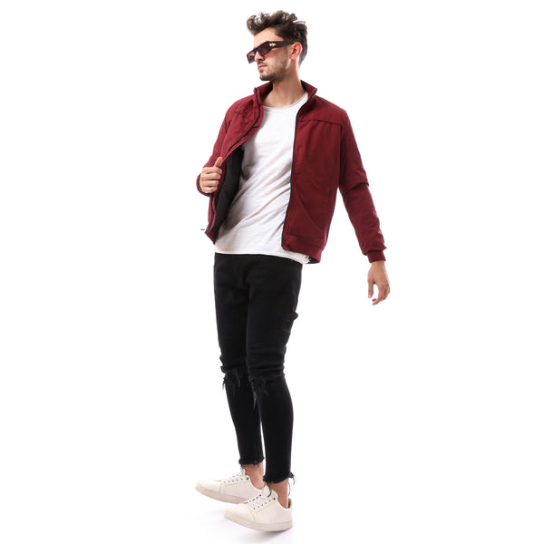 Dark Red Fly Zipper Patterned Jacket