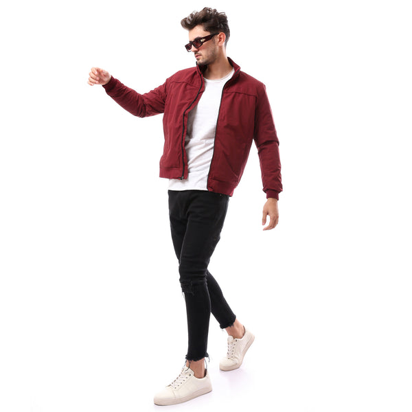 Dark Red Fly Zipper Patterned Jacket