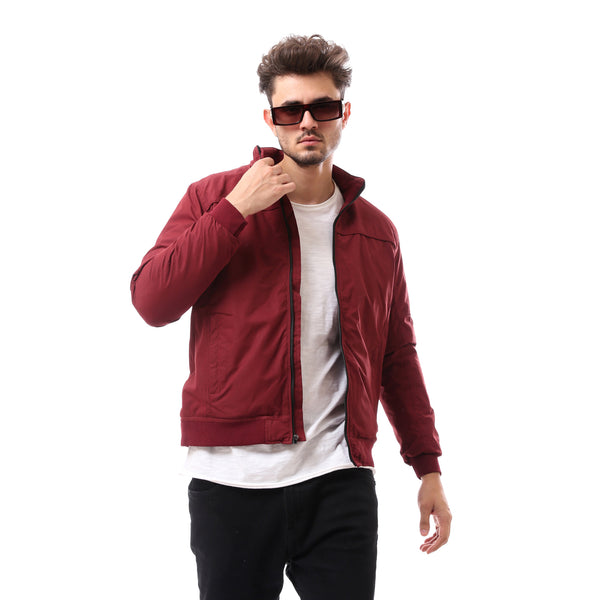 Dark Red Fly Zipper Patterned Jacket