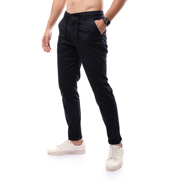 Navy Blue Solid Fly Zipper Buttoned Trousers