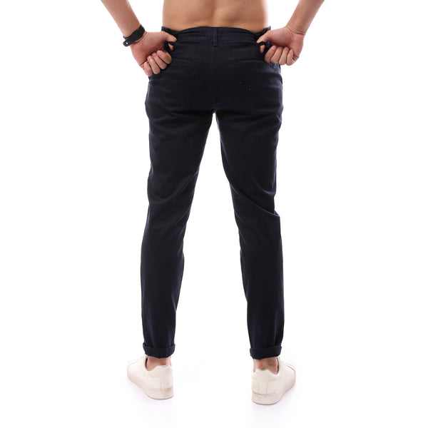 Navy Blue Solid Fly Zipper Buttoned Trousers