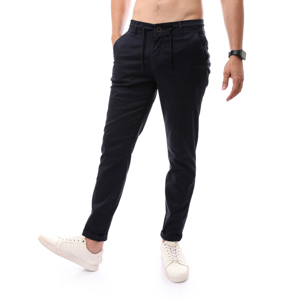 Navy Blue Solid Fly Zipper Buttoned Trousers