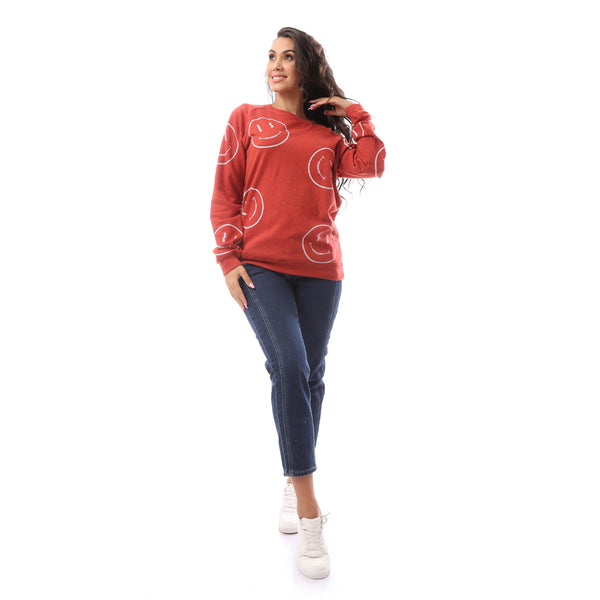 Burgundy Slip On Printed Round Neck Sweat Shirt