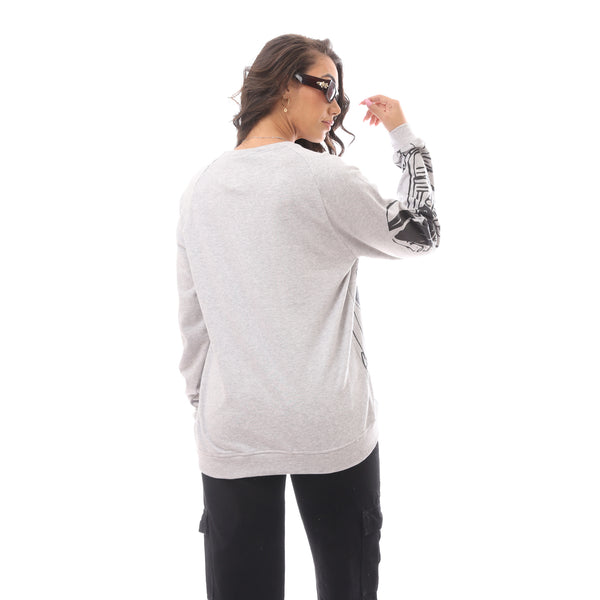 Printed Grey Rounded Neck Loose Fit Sweatshirt