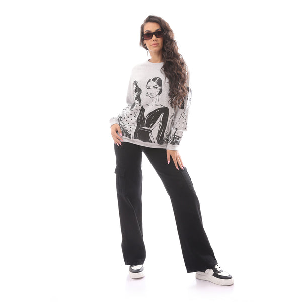 Printed Grey Rounded Neck Loose Fit Sweatshirt