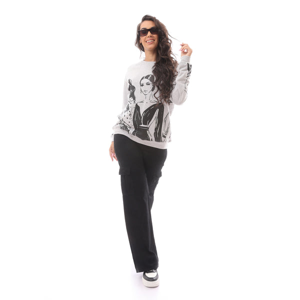 Printed Grey Rounded Neck Loose Fit Sweatshirt