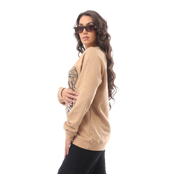 Printed Beige Slip On Cotton Sweat Shirt