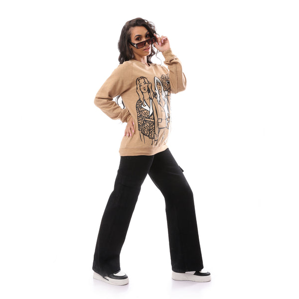 Printed Beige Slip On Cotton Sweat Shirt