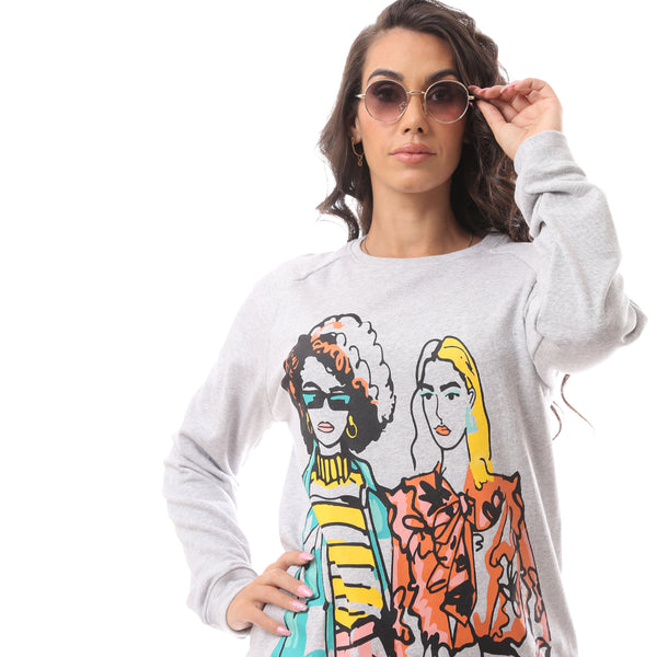 Heather Grey Printed Oversized Sweatshirt