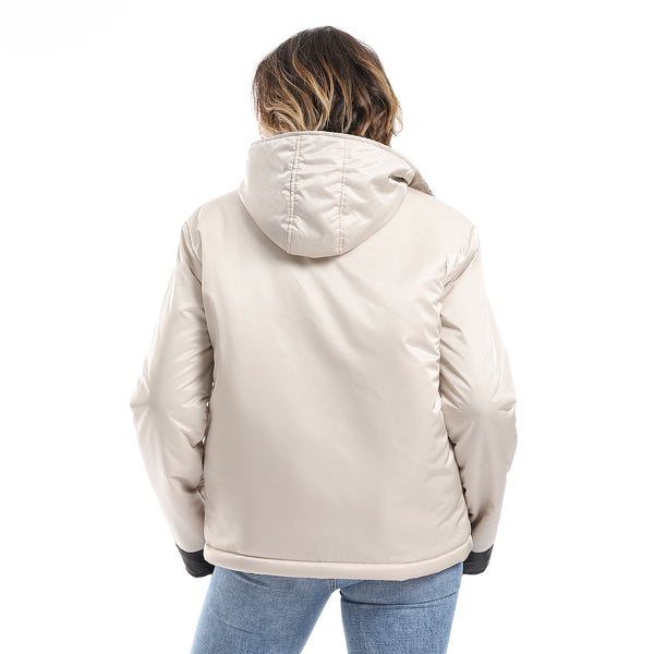 Waterproof Plain Adjustable Hooded Puffer Cream Jacket