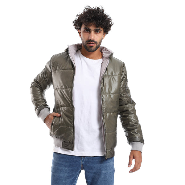 Zipper Closure Double Face Printed & Waterproof Jacket - Olive Green & Light Grey