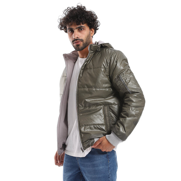 Zipper Closure Double Face Printed & Waterproof Jacket - Olive Green & Light Grey