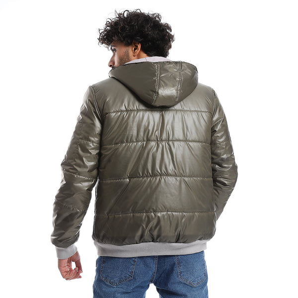 Zipper Closure Double Face Printed & Waterproof Jacket - Olive Green & Light Grey