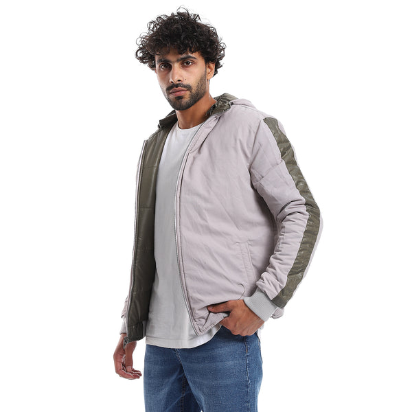 Zipper Closure Double Face Printed & Waterproof Jacket - Olive Green & Light Grey