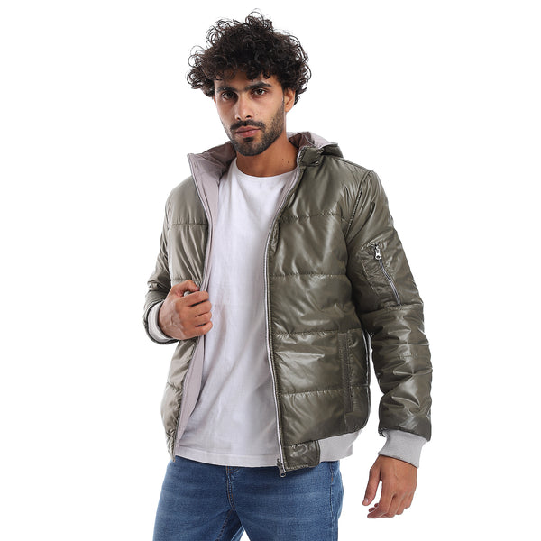 Zipper Closure Double Face Printed & Waterproof Jacket - Olive Green & Light Grey