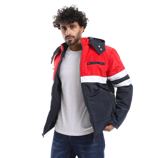 Zipper Closure Double Face Waterproof Jacket - Navy Blue, Red & White