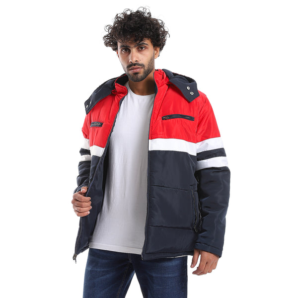 Zipper Closure Double Face Waterproof Jacket - Navy Blue, Red & White