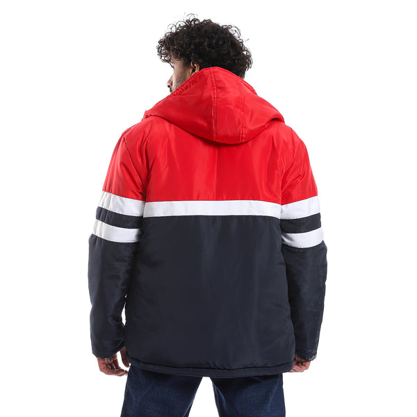 Zipper Closure Double Face Waterproof Jacket - Navy Blue, Red & White