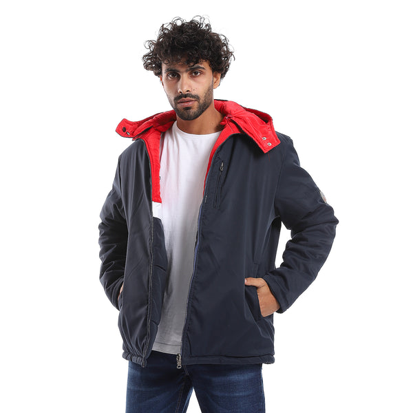 Zipper Closure Double Face Waterproof Jacket - Navy Blue, Red & White