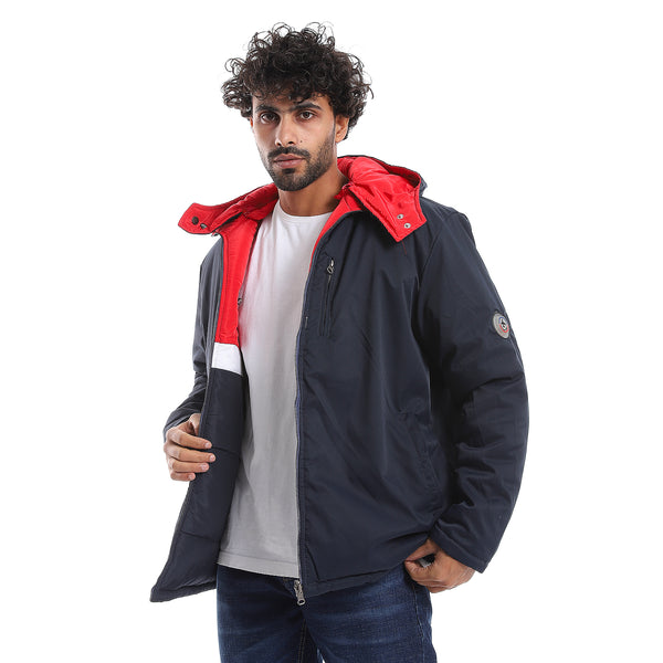 Zipper Closure Double Face Waterproof Jacket - Navy Blue, Red & White